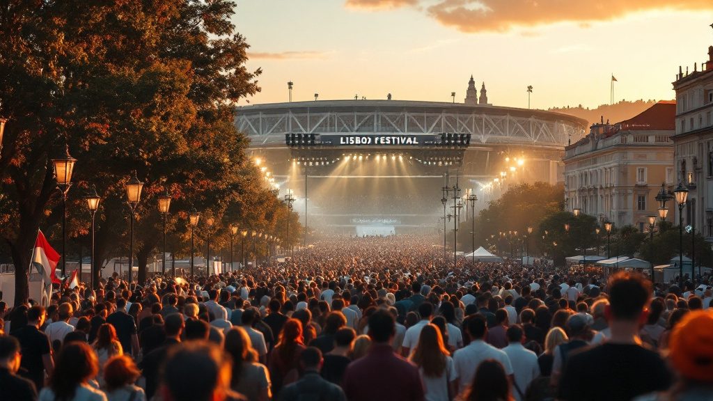 Festival-goers walking toward a stadium in Lisbon at dusk